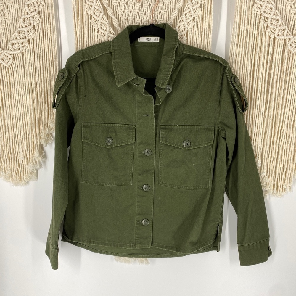 Mango Casual Cotton Button Front Utility Jacket Army Green Coat